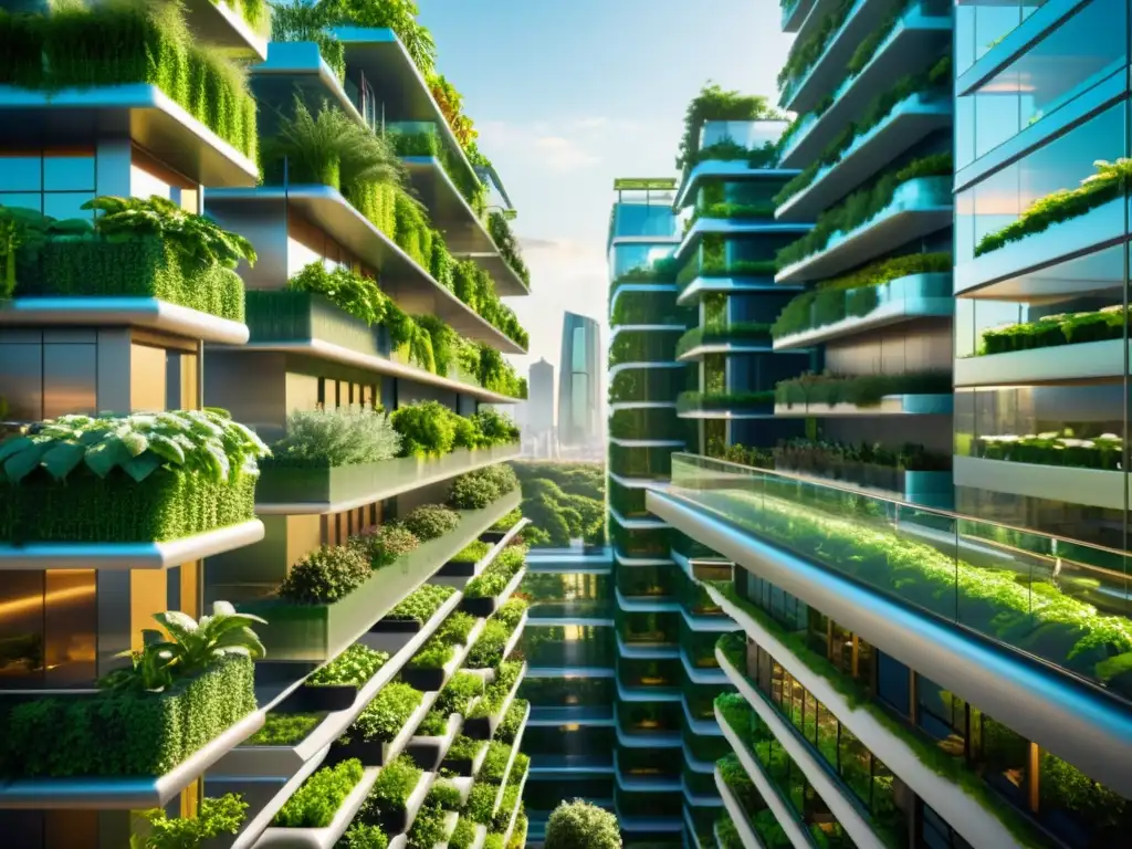 Una impresionante imagen detallada de un paisaje urbano agrícola futurista con huertos verticales, tecnología agrícola avanzada y moda sostenible