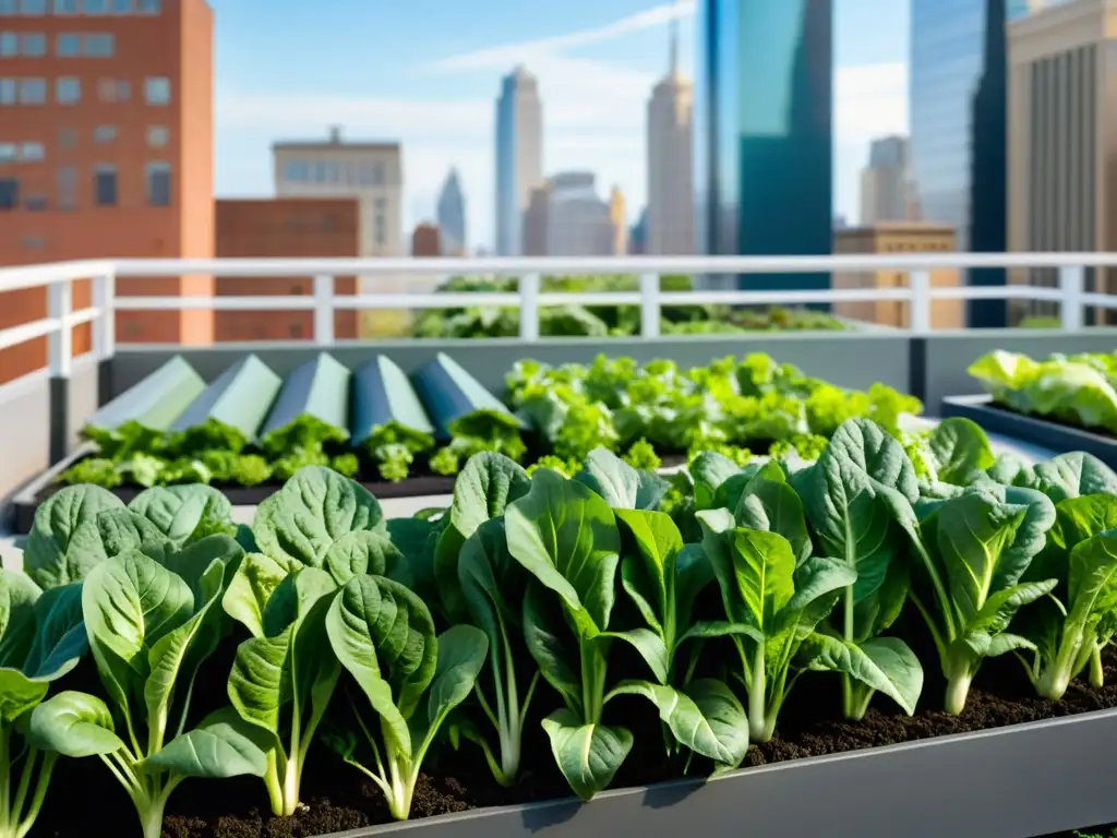 Una impresionante imagen de un jardín de ensaladas urbanas en la azotea por la noche