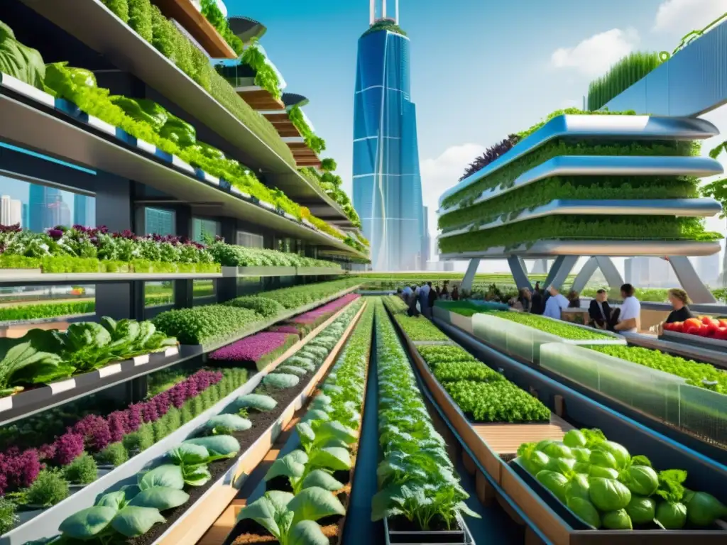 Una impresionante imagen de exposiciones universales agricultura urbana, con un paisaje futurista de gran detalle y arquitectura sostenible integrada