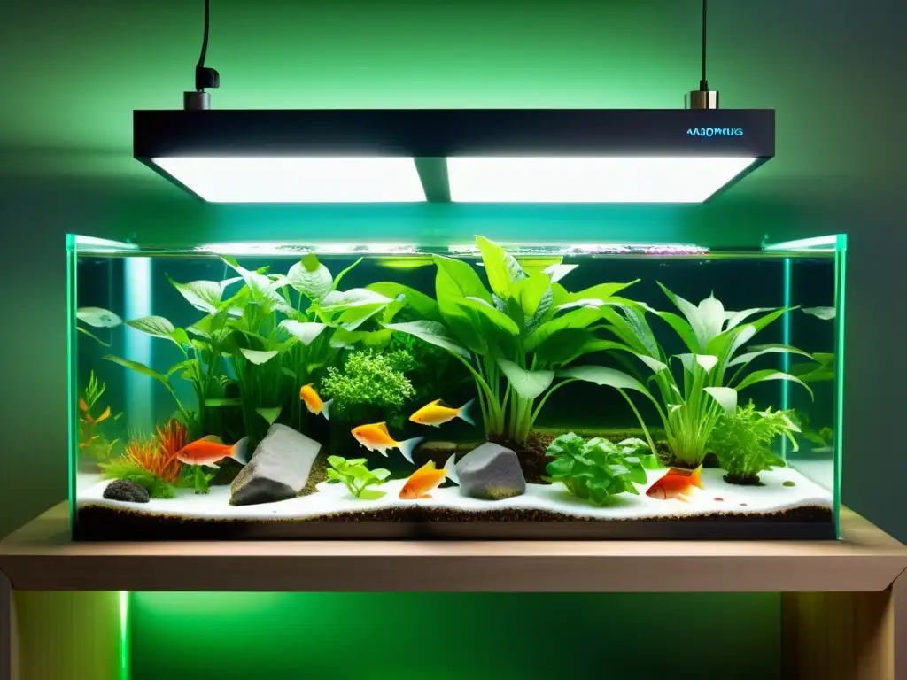 Una impresionante imagen en 8k detalla un moderno sistema de acuaponía, destacando la selección de peces y plantas en un diseño futurista y vibrante