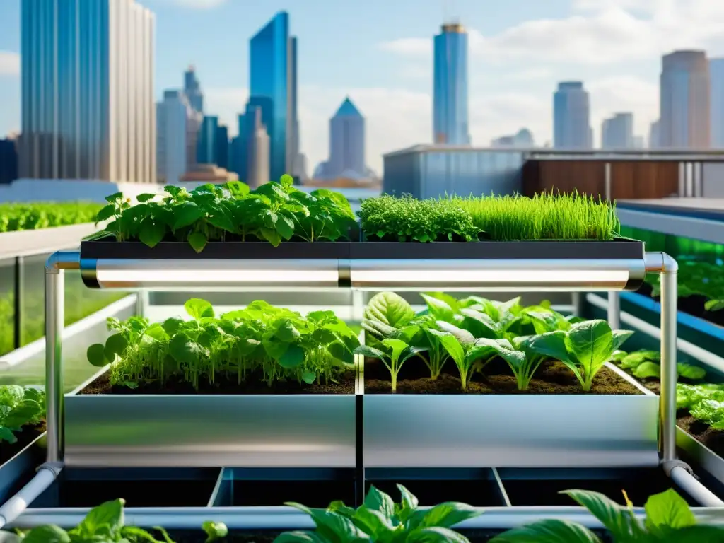 Acuaponía urbana: innovación sostenible en la ciudad Una impresionante imagen de un moderno sistema de acuaponía urbana que refleja innovación y sofisticación