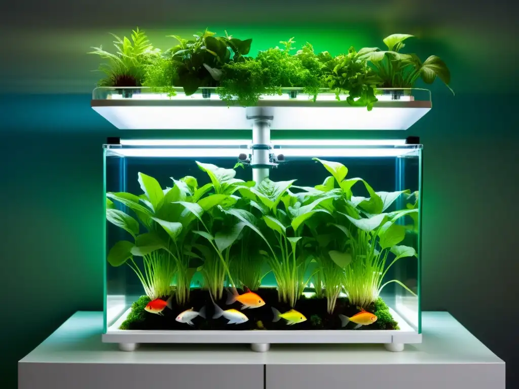 Una impresionante imagen de un moderno sistema de acuaponía vertical con vibrante vegetación y peces coloridos, iluminado suavemente