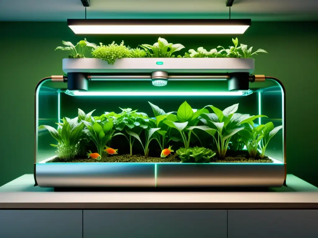 Una impresionante imagen de acuaponía casera paso a paso, con un sistema moderno y elegante y exuberantes plantas verdes prosperando en el agua