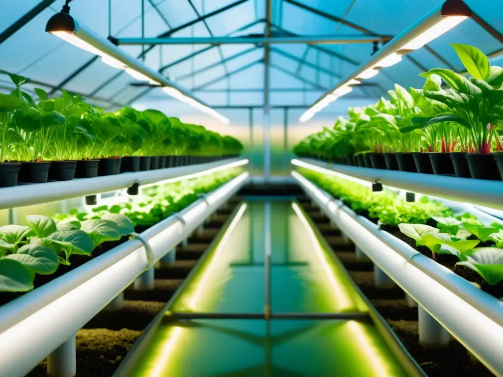 Una impresionante imagen de un sistema acuapónico de última generación en un invernadero, destacando la relación luz-nutrientes en la acuaponía