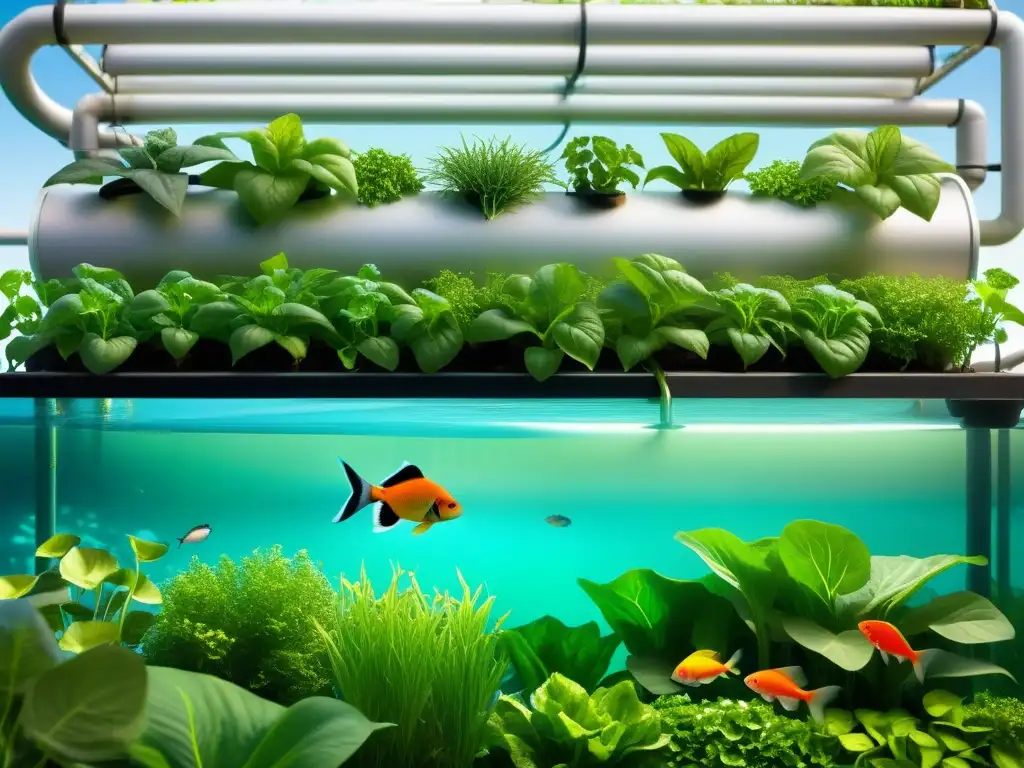 Una impresionante imagen de un sistema acuapónico saludable, mostrando vegetales verdes vibrantes y peces prósperos en agua clara