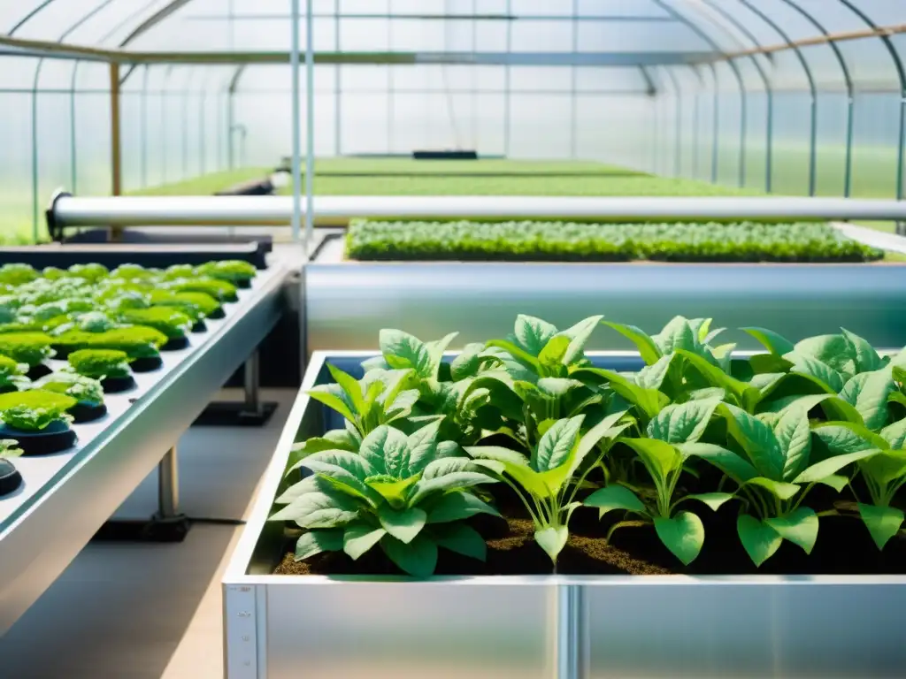 Una impresionante imagen de un sistema de acuaponía moderno en un invernadero, mostrando tanques integrados, camas de cultivo y plantas exuberantes