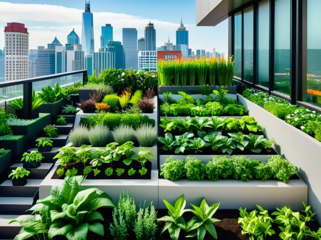 Una impresionante imagen en 8k de un jardín urbano en la azotea, destacando la siembra vertical en huertos urbanos entre la arquitectura de la ciudad