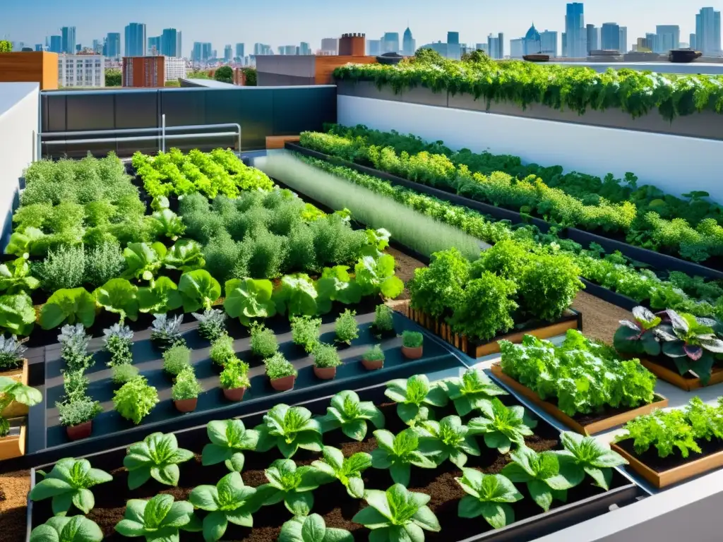 Una impresionante imagen de un jardín urbano en la azotea con un sofisticado sistema de riego