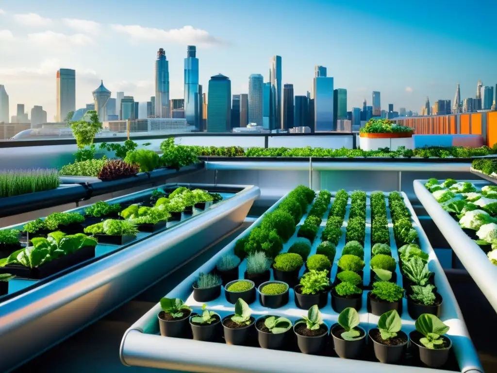 Una impresionante imagen de un jardín urbano futurista en alta resolución, mostrando tecnología de acuaponía en la agricultura urbana resiliente