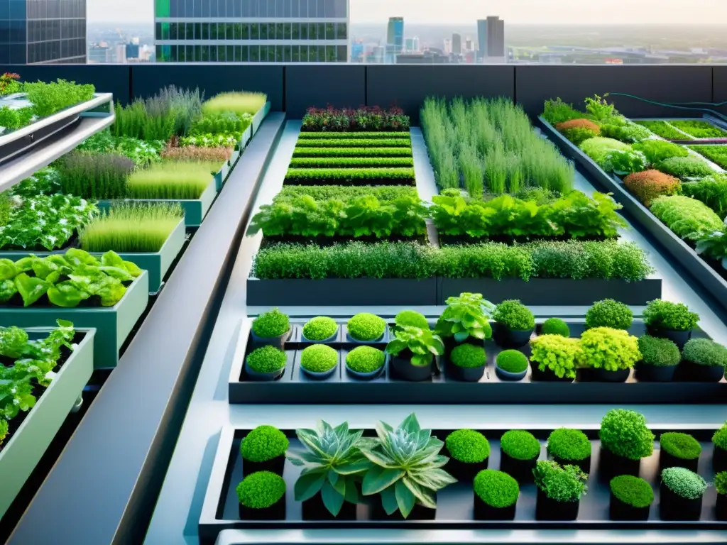 Una impresionante imagen de un jardín urbano futurista con sensores para agricultura urbana, tecnología avanzada y exuberantes plantas verdes