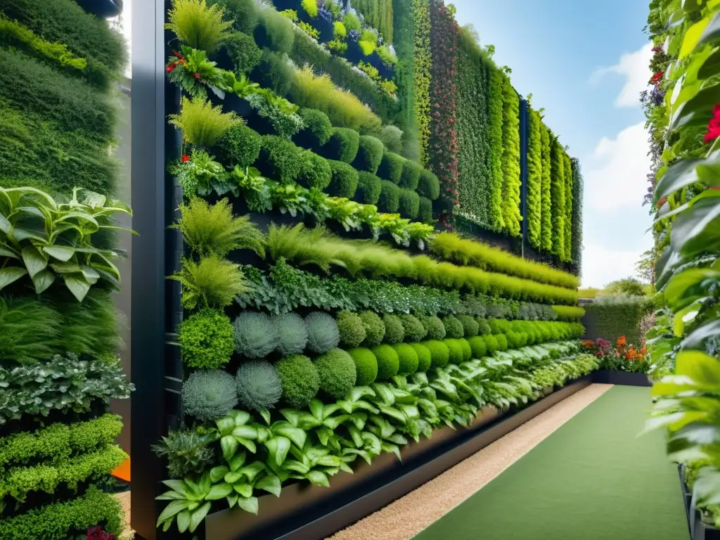 Una impresionante imagen de un jardín vertical automatizado, lleno de plantas exuberantes y vibrantes, con tecnología integrada