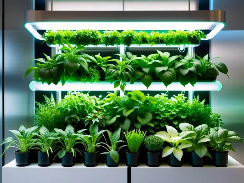 Una impresionante imagen en 8K de un jardín hidropónico y acuapónico vertical moderno, con vegetales exuberantes