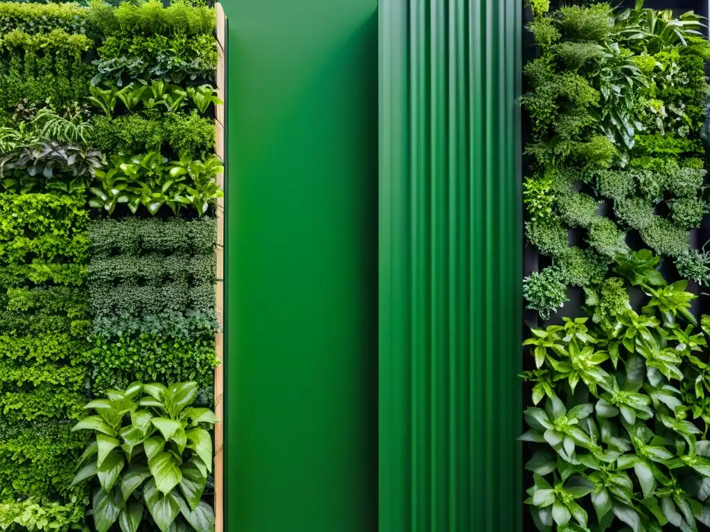 Una impresionante imagen de jardín vertical moderno, lleno de plantas verdes vibrantes en un diseño atractivo