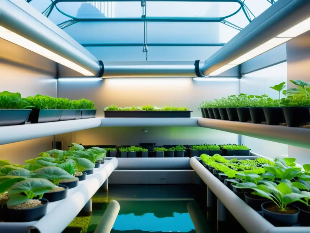 Una impresionante instalación de acuaponía para agricultura urbana con diseño moderno y tecnología futurista, mostrando sostenibilidad y eficiencia