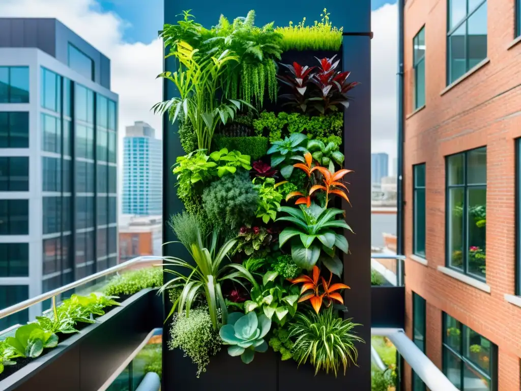 Una impresionante instalación de jardín vertical en la ciudad, armonizando naturaleza y vida urbana con un sistema acuapónico innovador