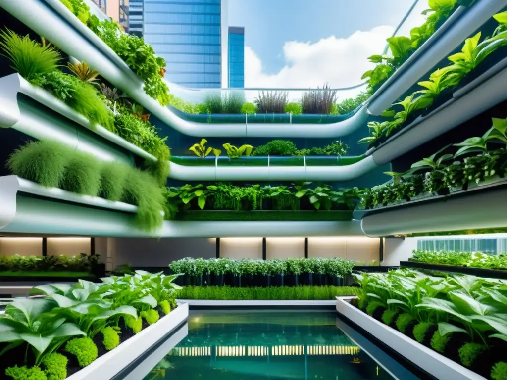 Una impresionante instalación de jardín vertical futurista en un paisaje urbano, apoyando la agricultura urbana con innovación y belleza