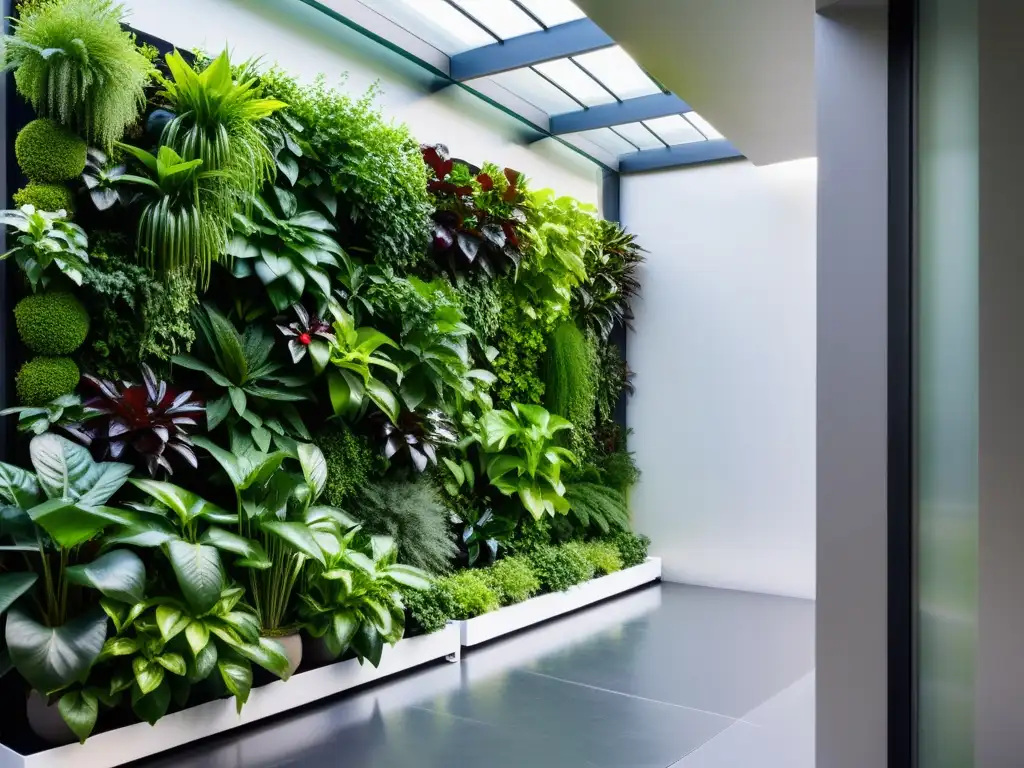 Una impresionante instalación de jardín vertical moderno en entorno urbano, con aplicaciones de inteligencia artificial en cosechas urbanas