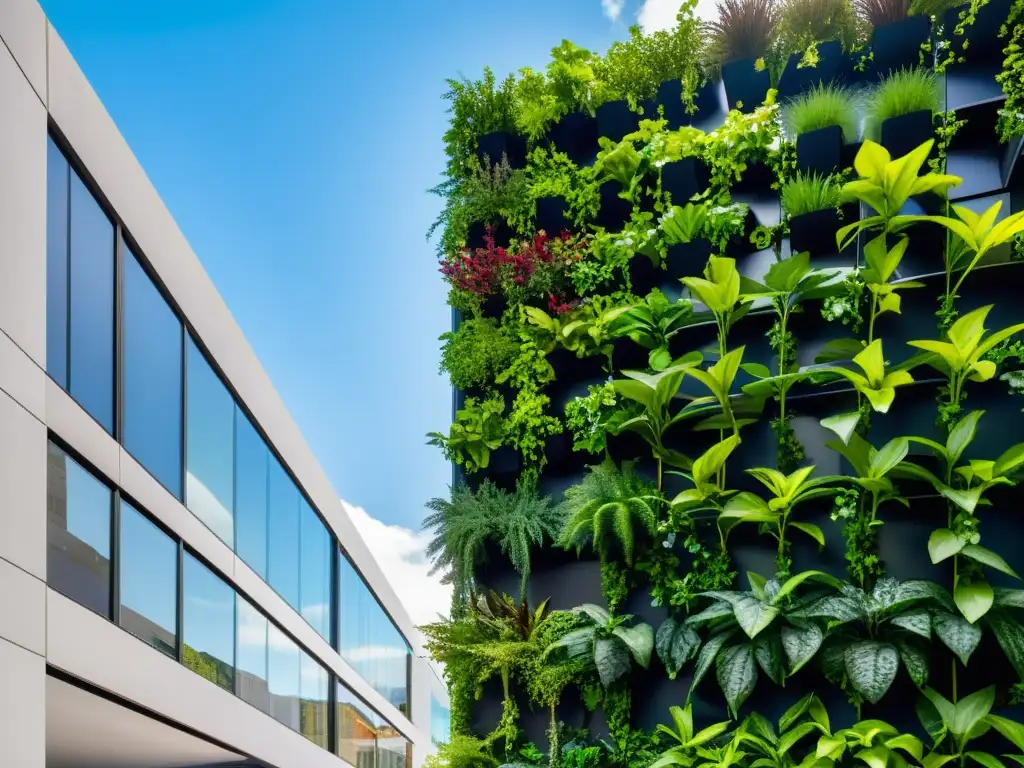 Una impresionante instalación de jardín vertical moderno en un entorno urbano, mostrando la integración de tecnología en huertos verticales urbanos