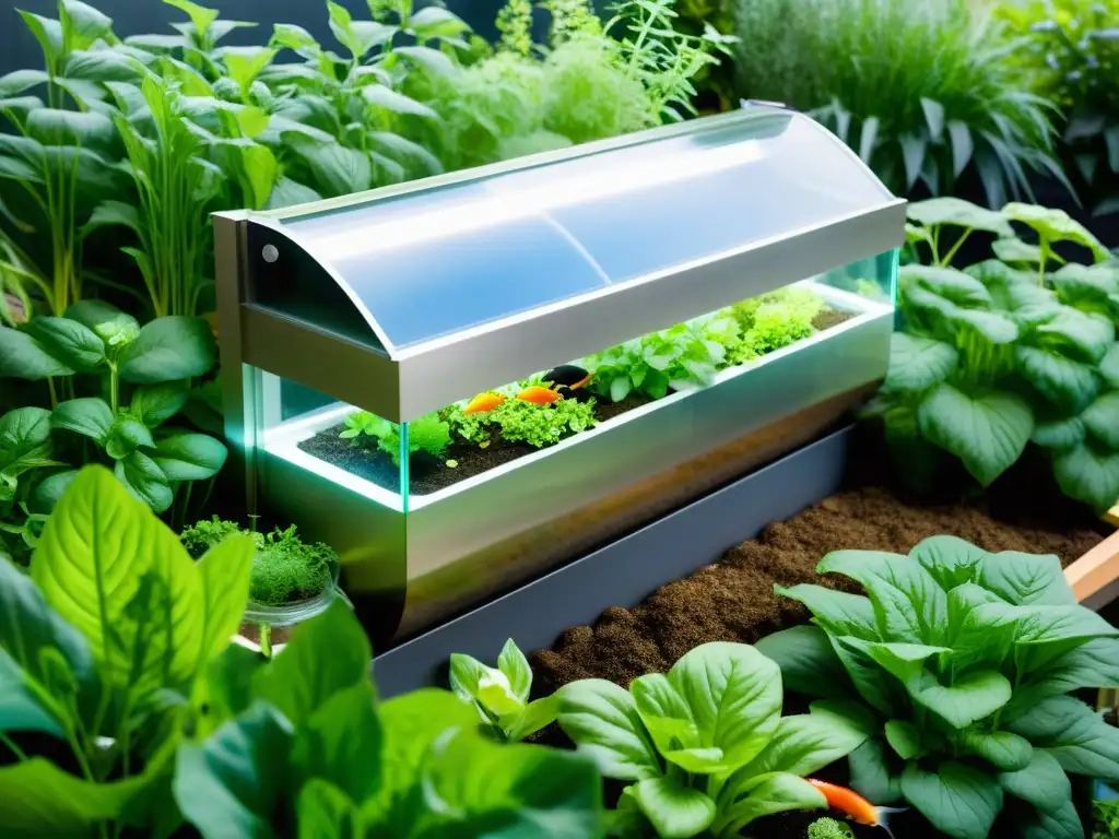 Jardín de Aquaponía Integrado en un Paraíso Permacultural Una impresionante integración de acuaponía en permacultura, con un sistema vibrante y armonioso de peces, vegetales y plantas en un jardín exuberante
