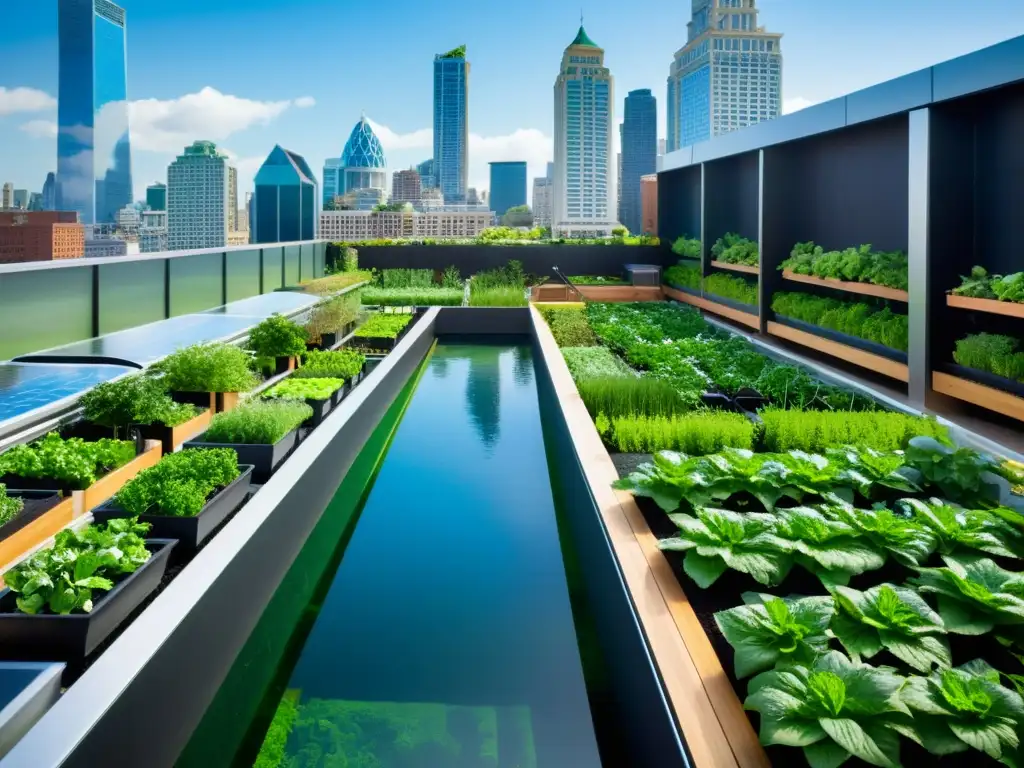 Una impresionante integración de sistemas acuapónicos urbanos en un bullicioso jardín en la azotea, mostrando la fusión de naturaleza y ciudad