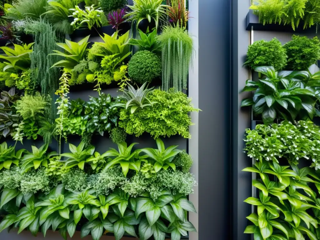 Una impresionante jardinería urbana en huertos verticales, con plantas exuberantes en un diseño moderno y vibrante