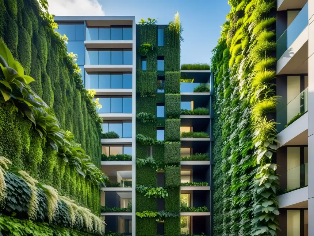 Una impresionante jardinería vertical para ansiedad urbana en un edificio moderno de gran altura, fusionando naturaleza y arquitectura urbana