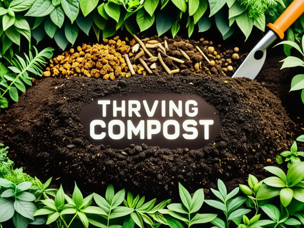 Un impresionante montón de compost urbano en plena transformación rodeado de vegetación exuberante y herramientas de compostaje