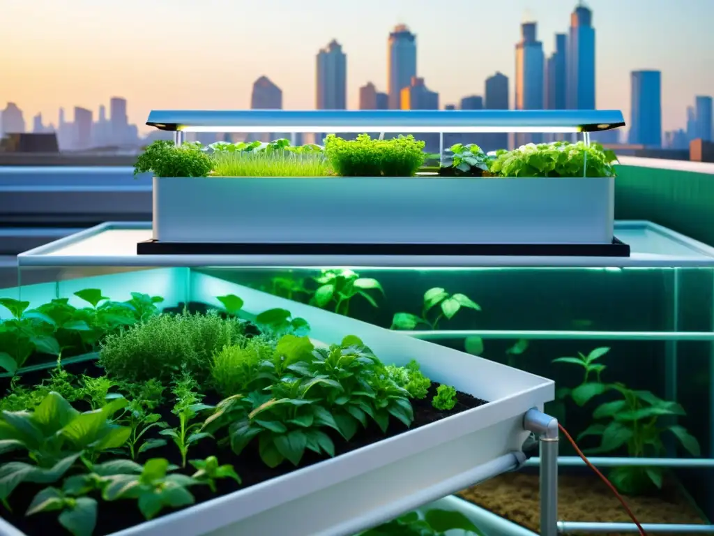 Un impresionante paisaje agrícola futurista en la azotea urbana con un diseño minimalista y tecnología de vanguardia