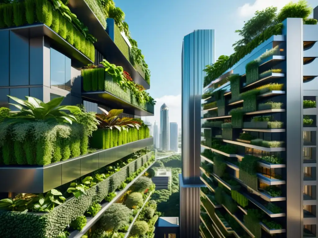 Horizonte urbano futurista con jardines verticales Un impresionante paisaje urbano futurista con huertos verticales integrados en los rascacielos, mostrando la armonía entre naturaleza y vida urbana