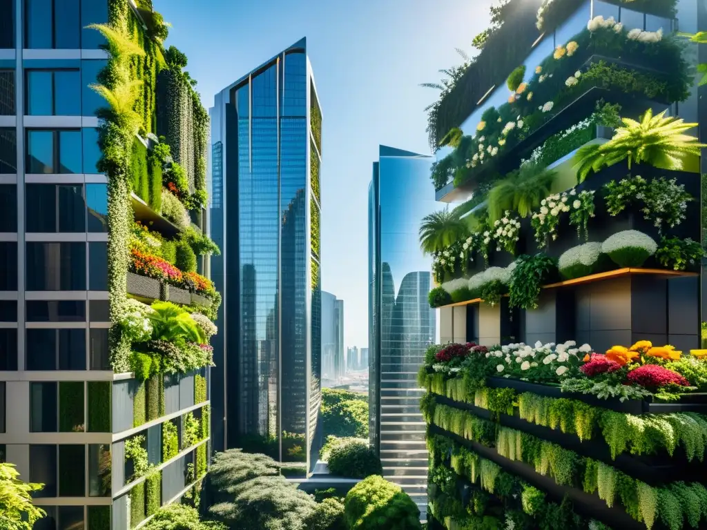 Un impresionante paisaje urbano moderno con rascacielos y jardines verticales integrados, ilustrando los beneficios de huertos verticales urbanos