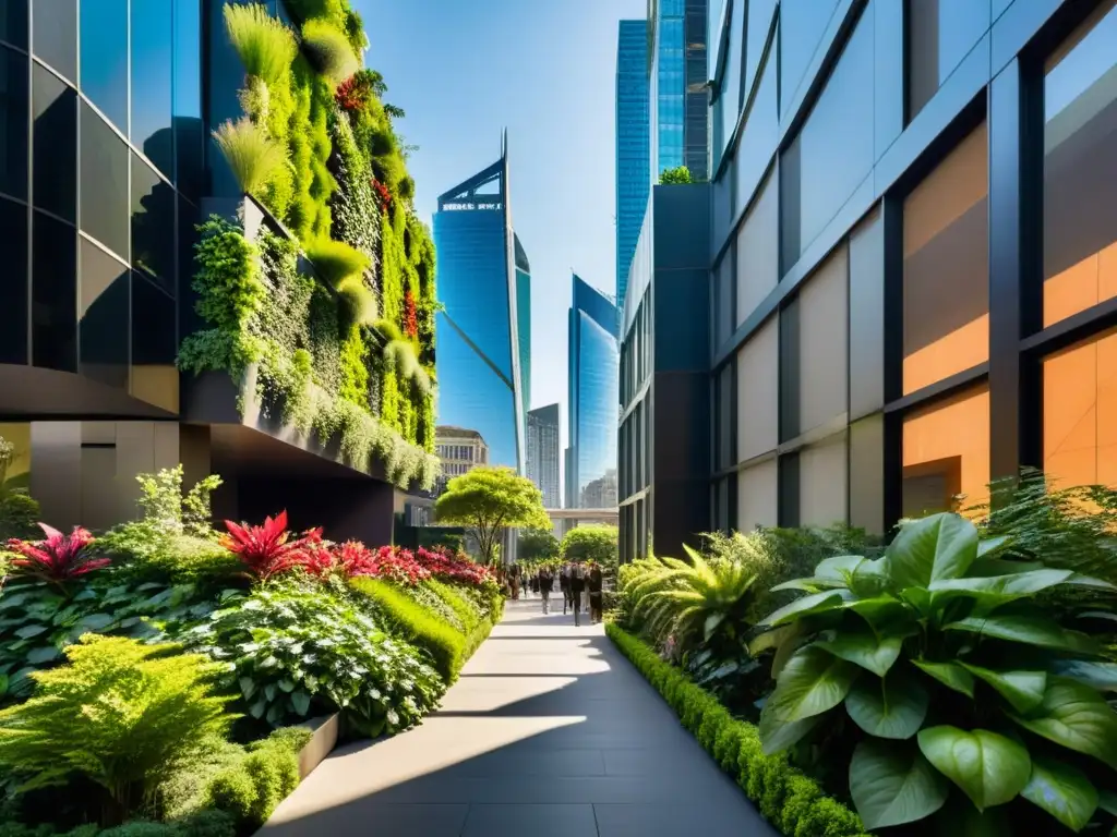 Un impresionante paisaje urbano con rascacielos modernos y exuberantes jardines verticales que regulan la temperatura urbana