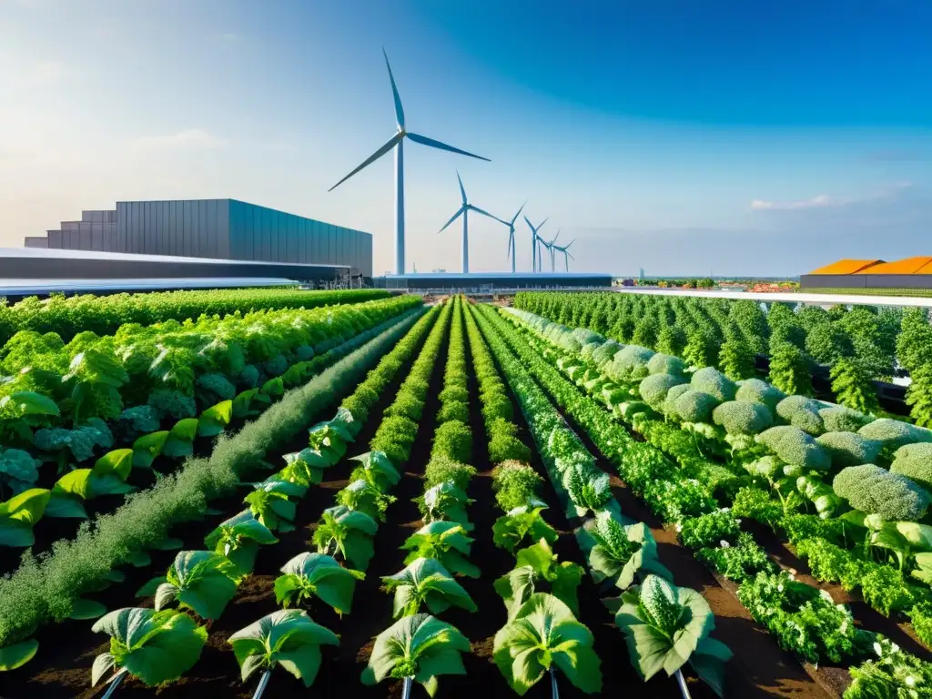 Una impresionante fotografía panorámica detallada de un jardín urbano moderno rebosante de frutas y verduras frescas, con turbinas eólicas