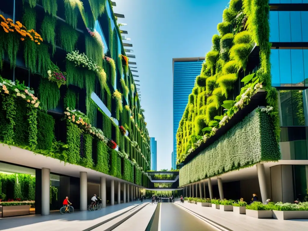 Un impresionante rascacielos moderno con jardines verticales rebosantes de vida