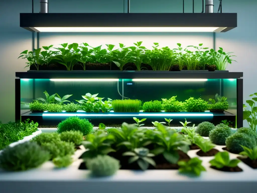 Un impresionante sistema acuapónico moderno con plantas exuberantes sobre tanques de agua, elementos esenciales sistema acuaponía