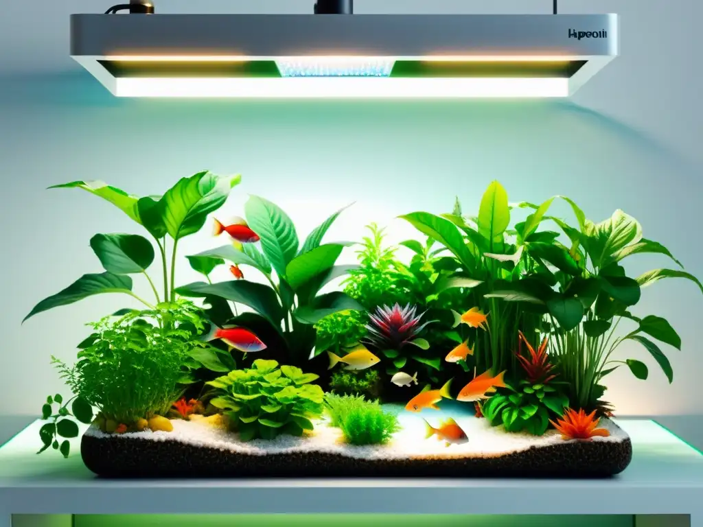 Un impresionante sistema acuapónico moderno con plantas exuberantes y peces coloridos en un fondo blanco limpio