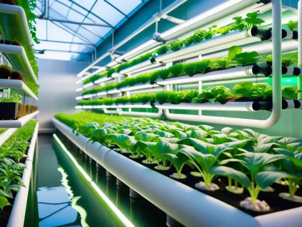 Un impresionante sistema de acuaponía en la agricultura urbana con vibrantes plantas verdes y peces nadando en tanques de agua