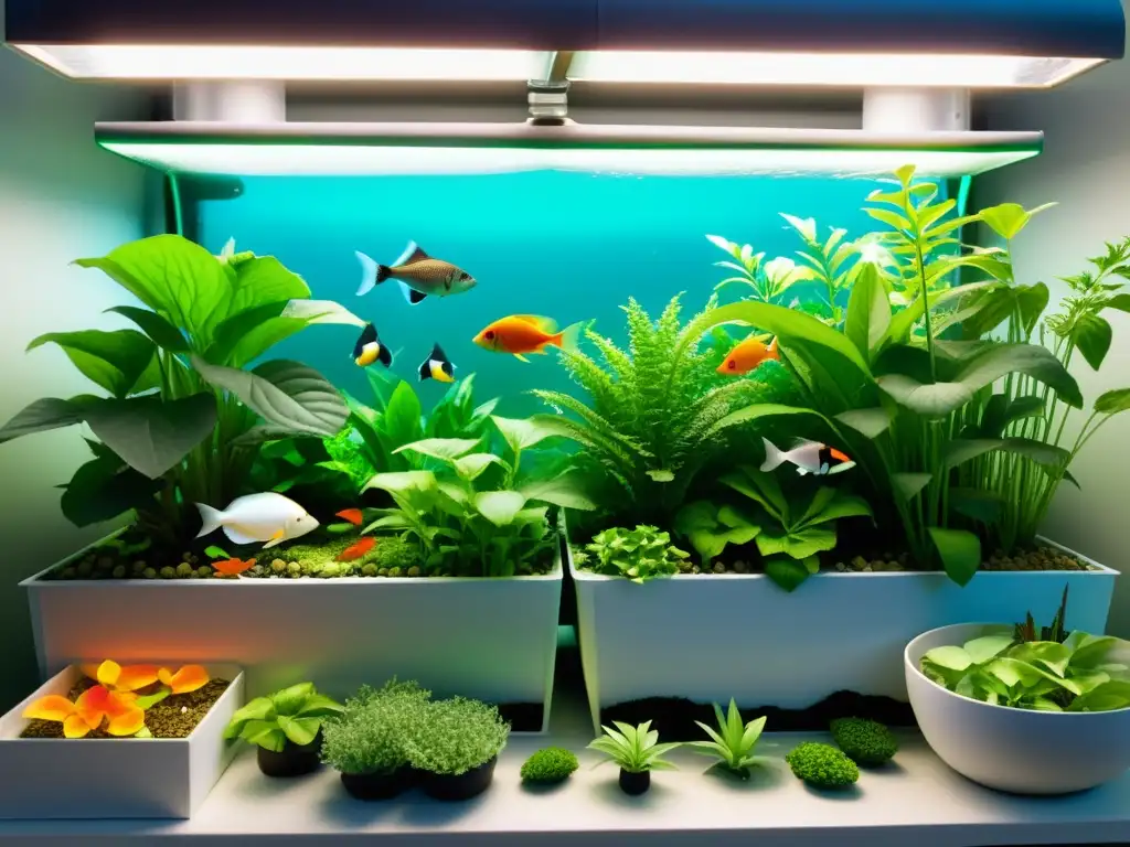 Un impresionante sistema de acuaponía con una selección de peces y plantas vibrantes en un entorno moderno y profesional