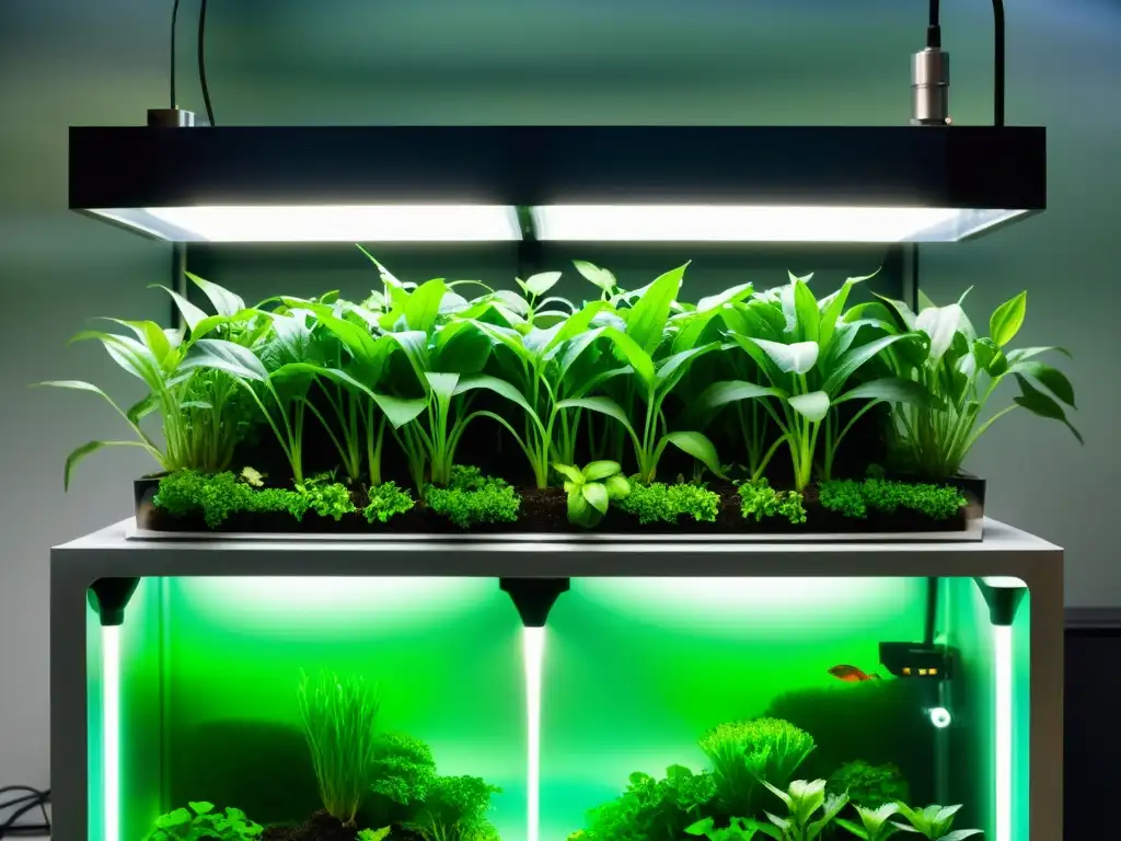 Un impresionante sistema de acuaponía urbana en 8k, con diseño futurista, plantas acuáticas vibrantes y peces prósperos