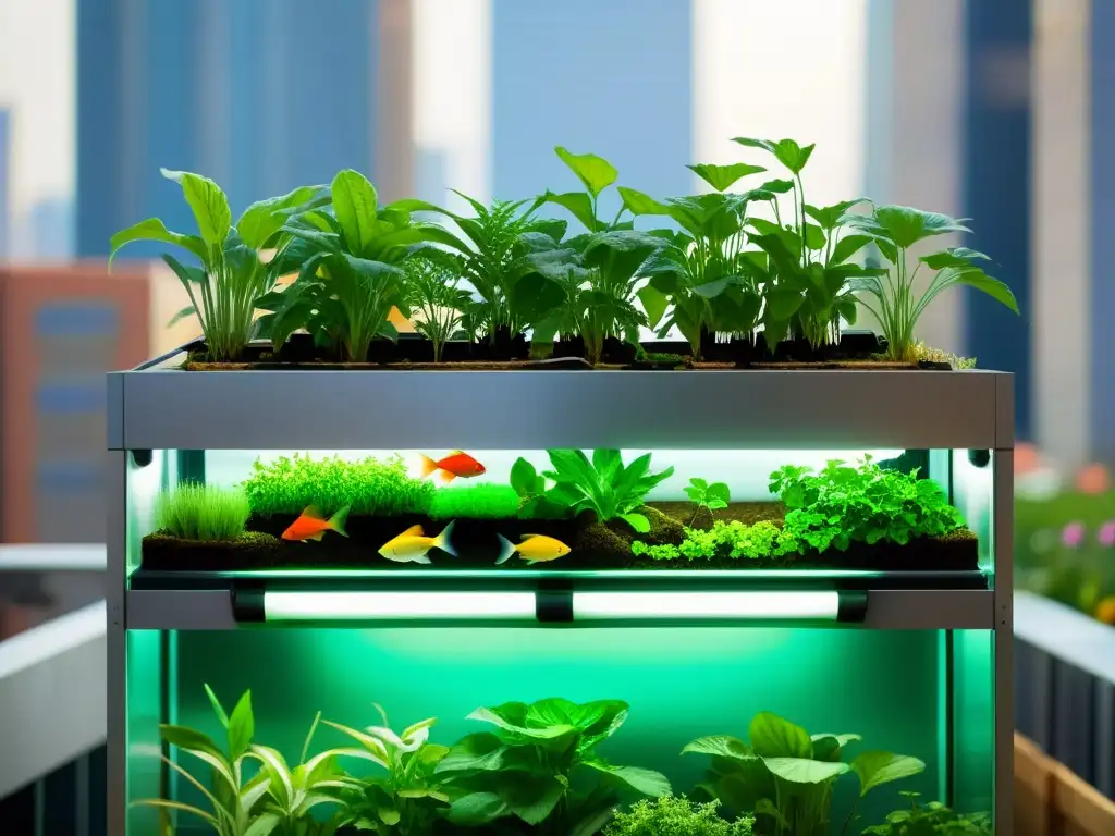 Un impresionante sistema de acuaponía urbana con peces urbanos y plantas vibrantes integradas en un entorno urbano