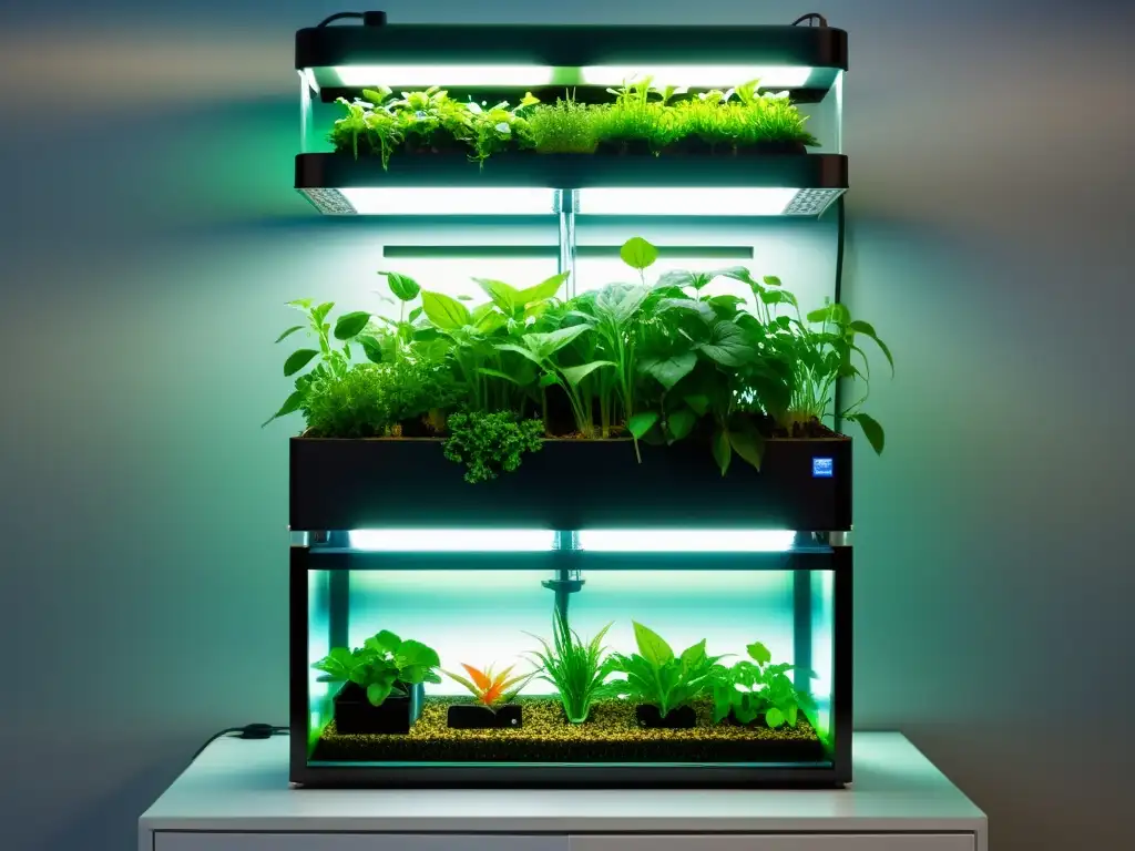 Un impresionante sistema de acuaponía vertical con diseño minimalista y abundante vegetación y peces