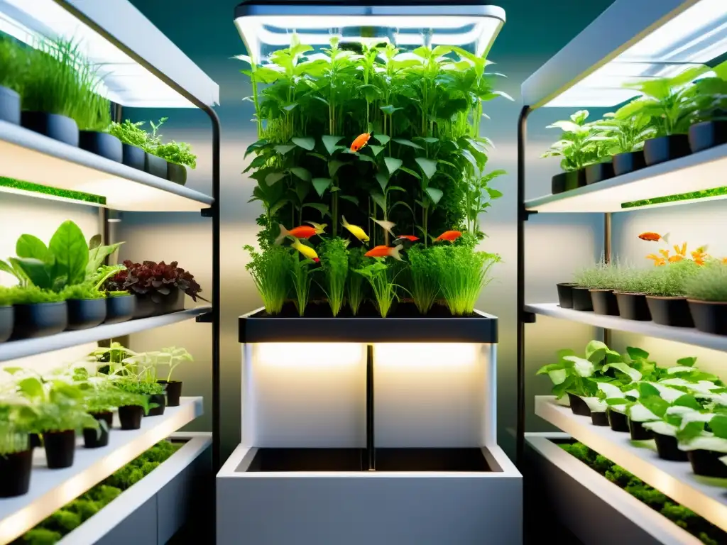 Un impresionante sistema de acuaponía vertical moderno, con tanques transparentes que muestran peces y exuberantes plantas en macetas verticales