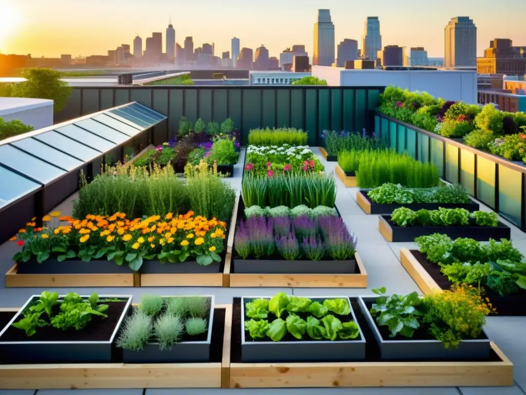 Un impresionante jardín urbano en la azotea con hileras de vegetales y flores vibrantes, bañado por la luz dorada del atardecer