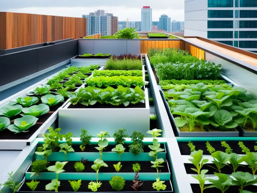 Un impresionante jardín urbano en la azotea, con vegetales coloridos y un avanzado sistema de acuaponía para agricultura urbana sostenible