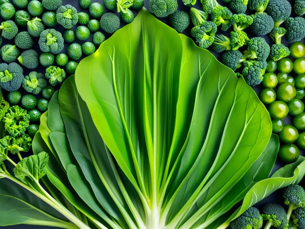 Una impresionante variedad de vegetales verdes frescos, con gotas de agua, exhibe la densidad nutricional en acuaponía urbana