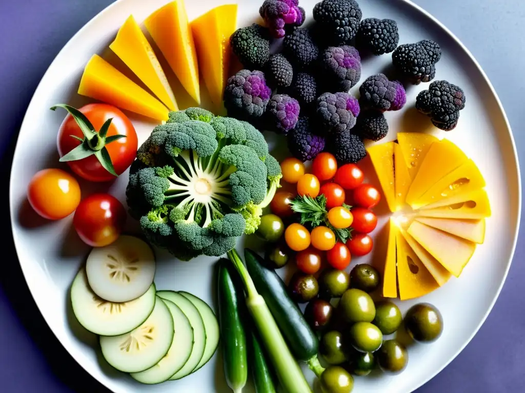 Una impresionante variedad de verduras de temporada para guarniciones en un elegante plato minimalista, con colores vibrantes y cortes expertos