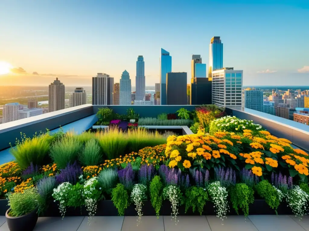 Un impresionante jardín vertical en la azotea de la ciudad, iluminado por el sol y mostrando la armonía entre la naturaleza y la vida urbana