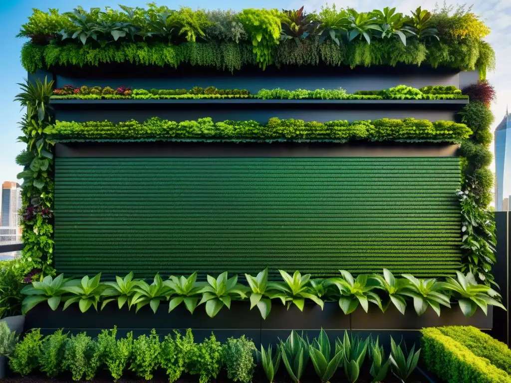 Un impresionante jardín vertical en la ciudad, de exuberante vegetación, refleja la armonía entre naturaleza y paisaje urbano