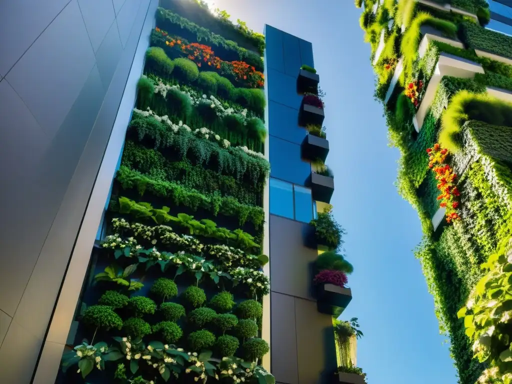 Un impresionante jardín vertical en el corazón de la bulliciosa metrópoli, capturando la esencia del cultivo vertical en agricultura urbana