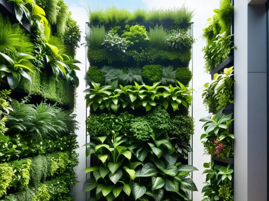 Un impresionante jardín vertical en un entorno urbano, mostrando la integración de naturaleza y diseño moderno