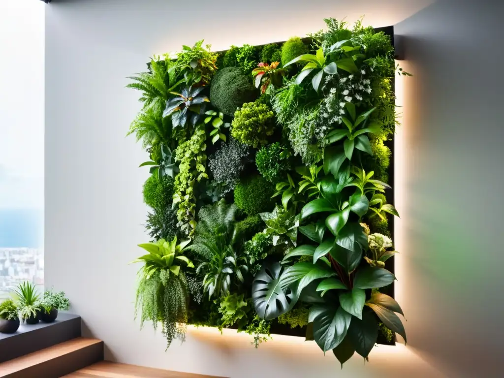 Un impresionante jardín vertical interior de bajo mantenimiento, con exuberante vegetación y iluminación cálida